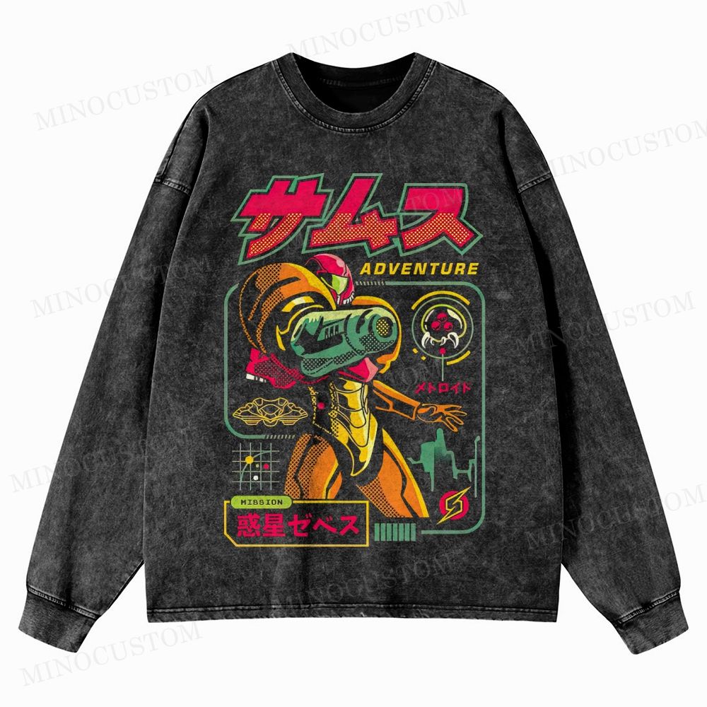 Metroid Samus Adventure Retro Game Sci-Fi Graphic Washed Vintage Long Sleeve Shirt