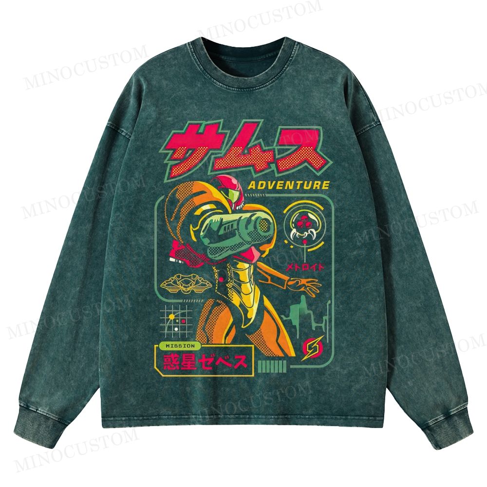 Metroid Samus Adventure Retro Game Sci-Fi Graphic Washed Vintage Long Sleeve Shirt