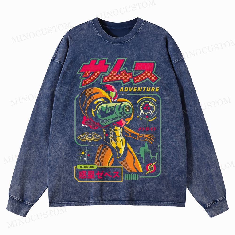Metroid Samus Adventure Retro Game Sci-Fi Graphic Washed Vintage Long Sleeve Shirt