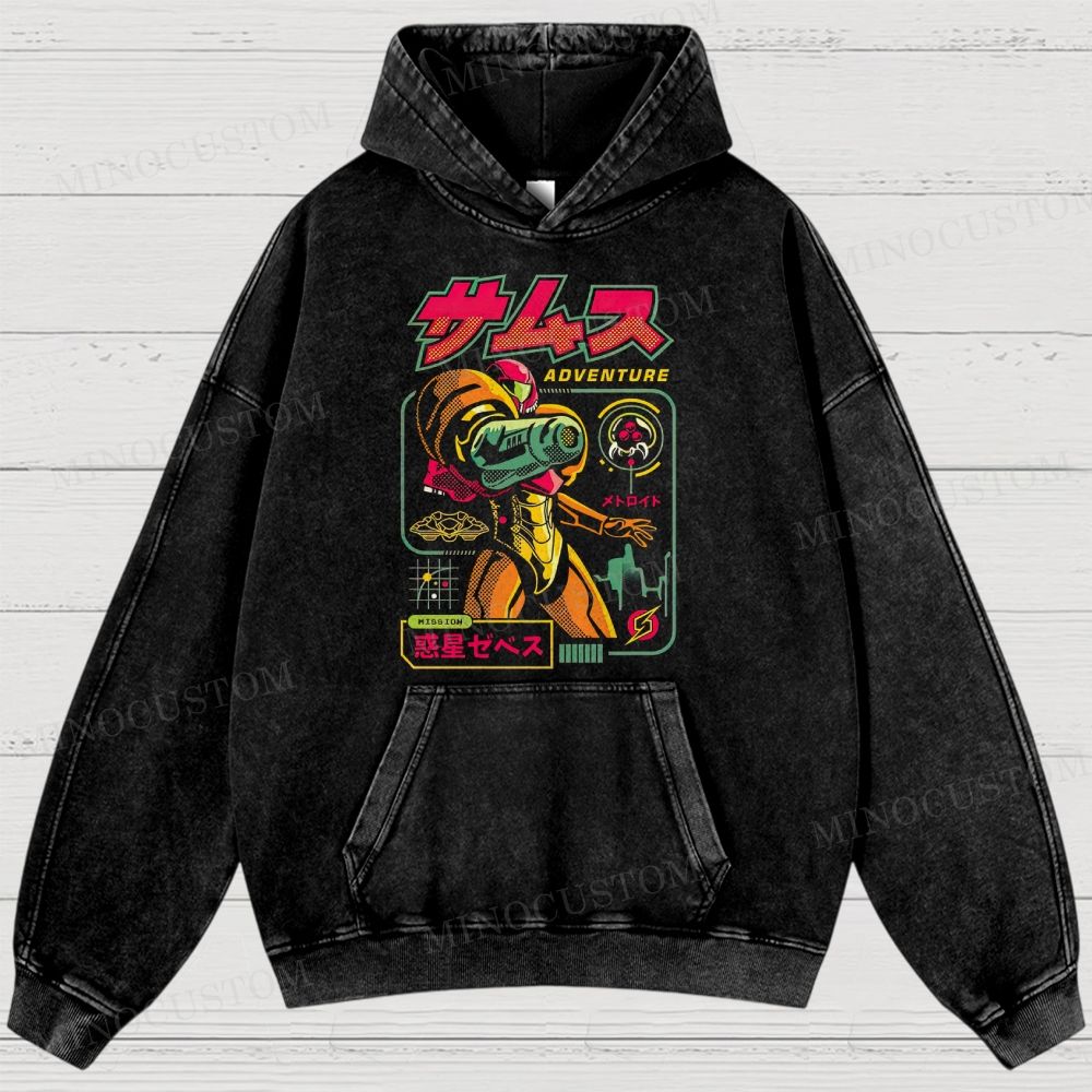 Metroid Samus Adventure Retro Game Sci-Fi Graphic Washed Vintage Hoodie