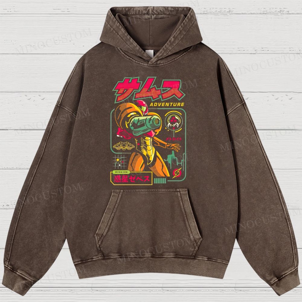 Metroid Samus Adventure Retro Game Sci-Fi Graphic Washed Vintage Hoodie