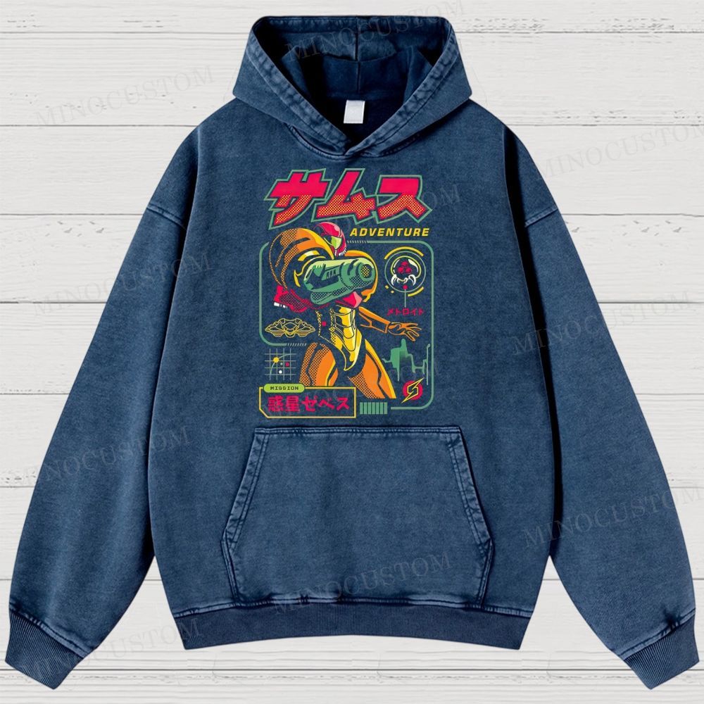Metroid Samus Adventure Retro Game Sci-Fi Graphic Washed Vintage Hoodie