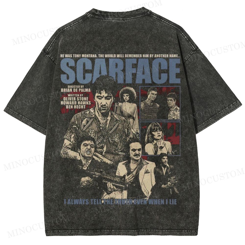 Scarface Retro Crime Drama Graphic Washed Vintage T - Shirt