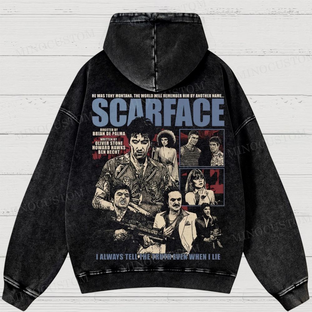 Scarface Retro Crime Drama Graphic Washed Hoodies