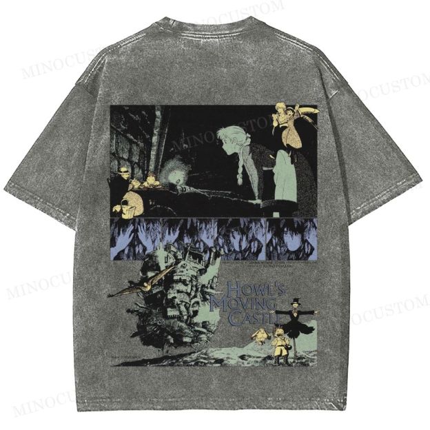 Howl's Moving Castle Anime Fantasy Graphic Washed T - Shirt