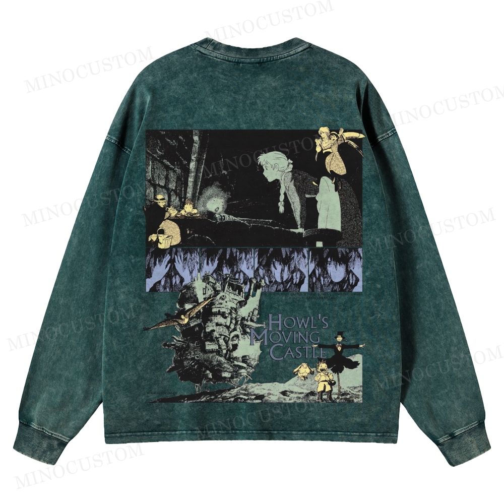 Howl's Moving Castle Anime Fantasy Graphic Washed Long-Sleeved T-Shirt
