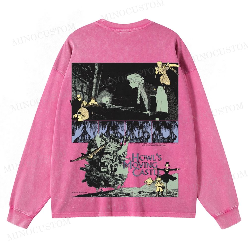 Howl's Moving Castle Anime Fantasy Graphic Washed Long-Sleeved T-Shirt