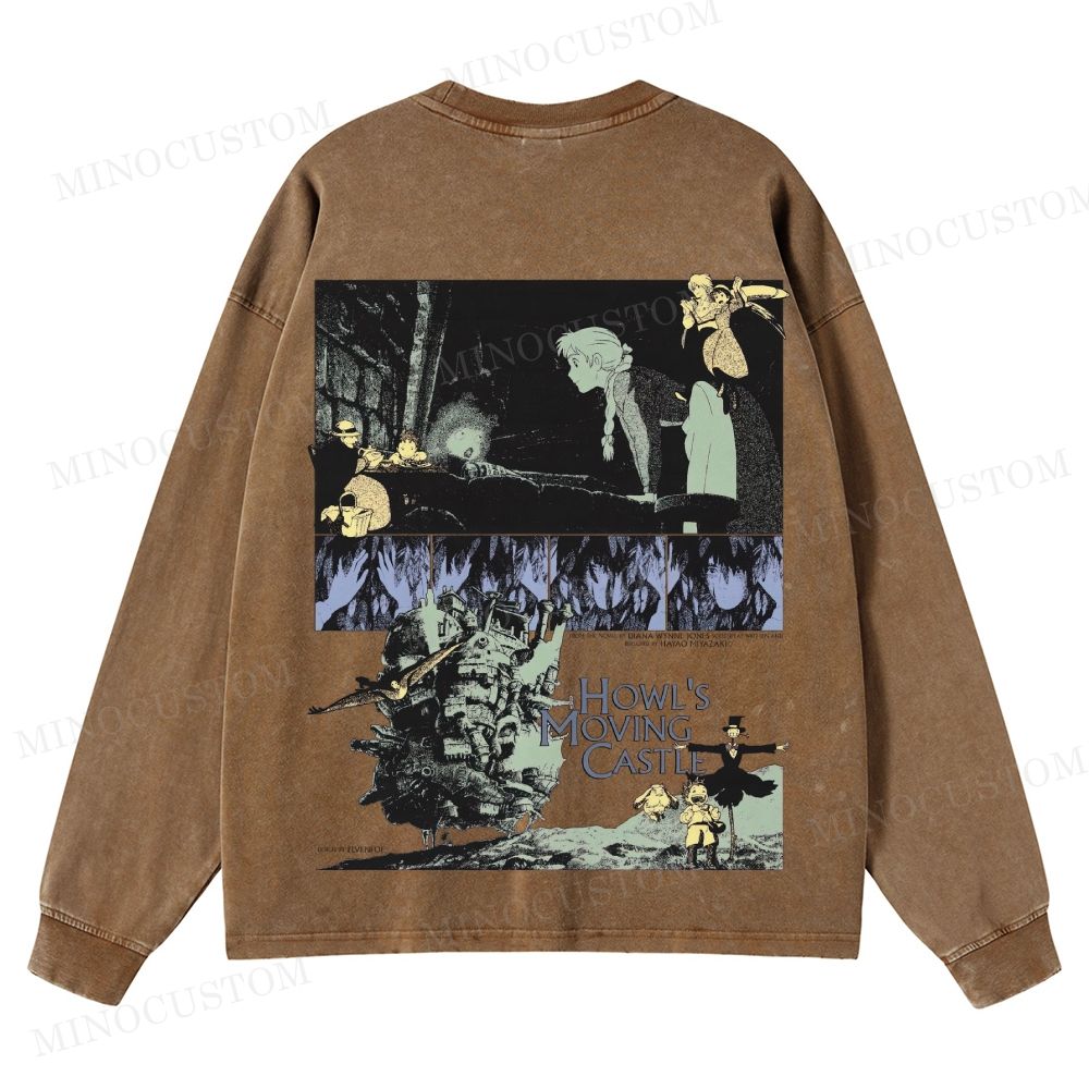 Howl's Moving Castle Anime Fantasy Graphic Washed Long-Sleeved T-Shirt