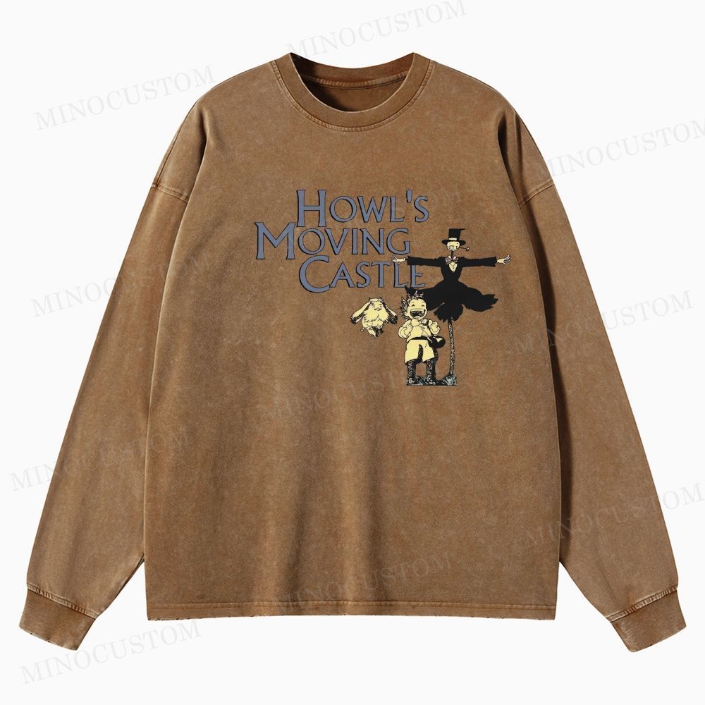 Howl's Moving Castle Anime Fantasy Graphic Washed Long-Sleeved T-Shirt