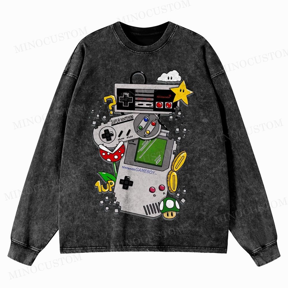 Nintendo Retro Gaming Consoles Gaming Graphic Washed Long-Sleeved T-Shirt