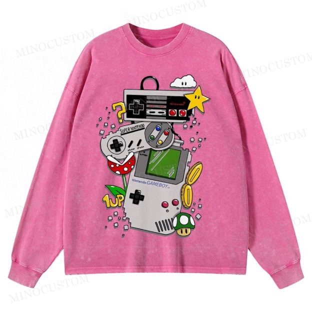 Nintendo Retro Gaming Consoles Gaming Graphic Washed Long-Sleeved T-Shirt