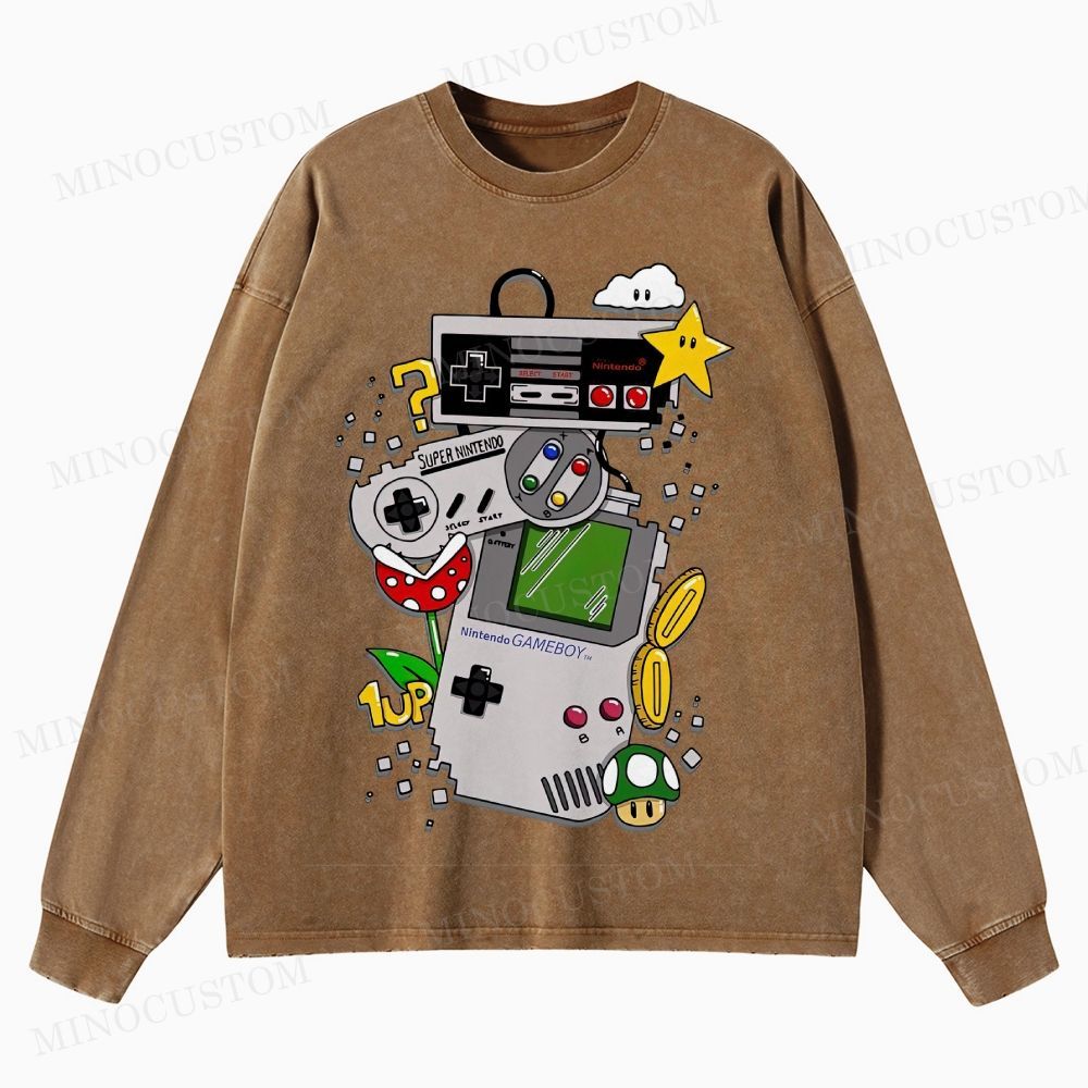 Nintendo Retro Gaming Consoles Gaming Graphic Washed Long-Sleeved T-Shirt
