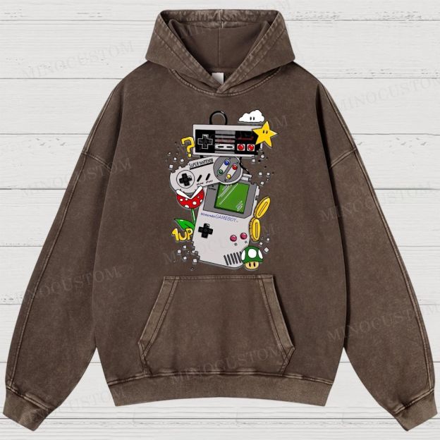 Nintendo Retro Gaming Consoles Gaming Graphic Washed Hoodies
