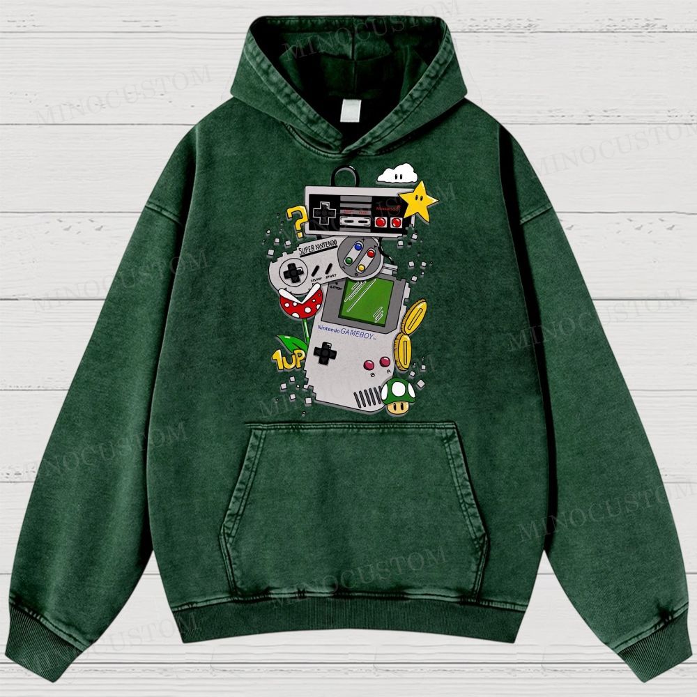 Nintendo Retro Gaming Consoles Gaming Graphic Washed Hoodies