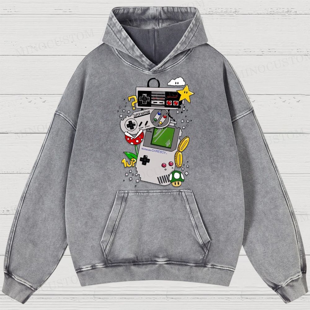 Nintendo Retro Gaming Consoles Gaming Graphic Washed Hoodies