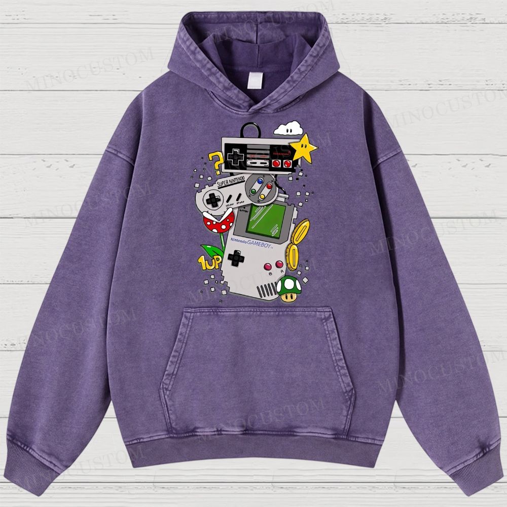 Nintendo Retro Gaming Consoles Gaming Graphic Washed Hoodies