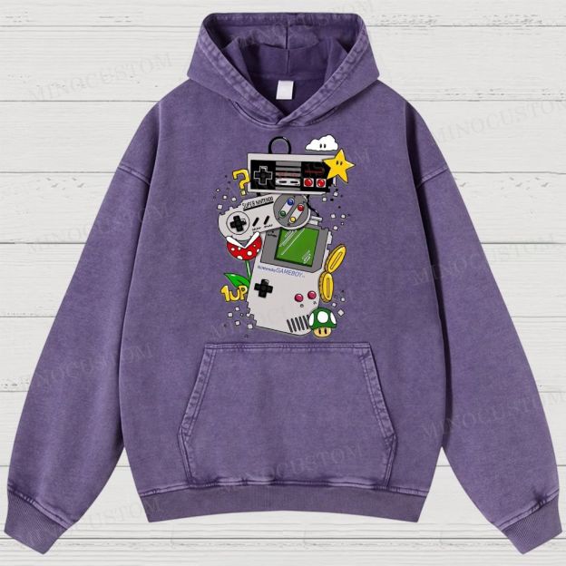 Nintendo Retro Gaming Consoles Gaming Graphic Washed Hoodies