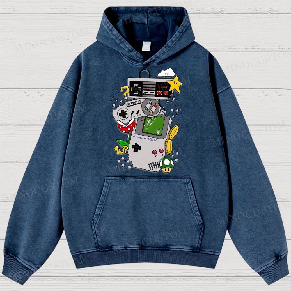 Nintendo Retro Gaming Consoles Gaming Graphic Washed Hoodies