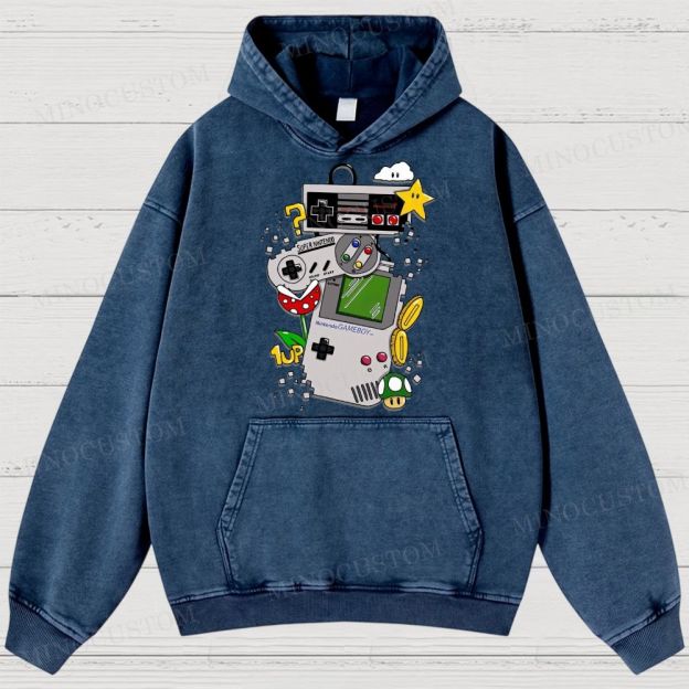 Nintendo Retro Gaming Consoles Gaming Graphic Washed Hoodies