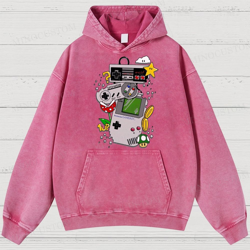 Nintendo Retro Gaming Consoles Gaming Graphic Washed Hoodies