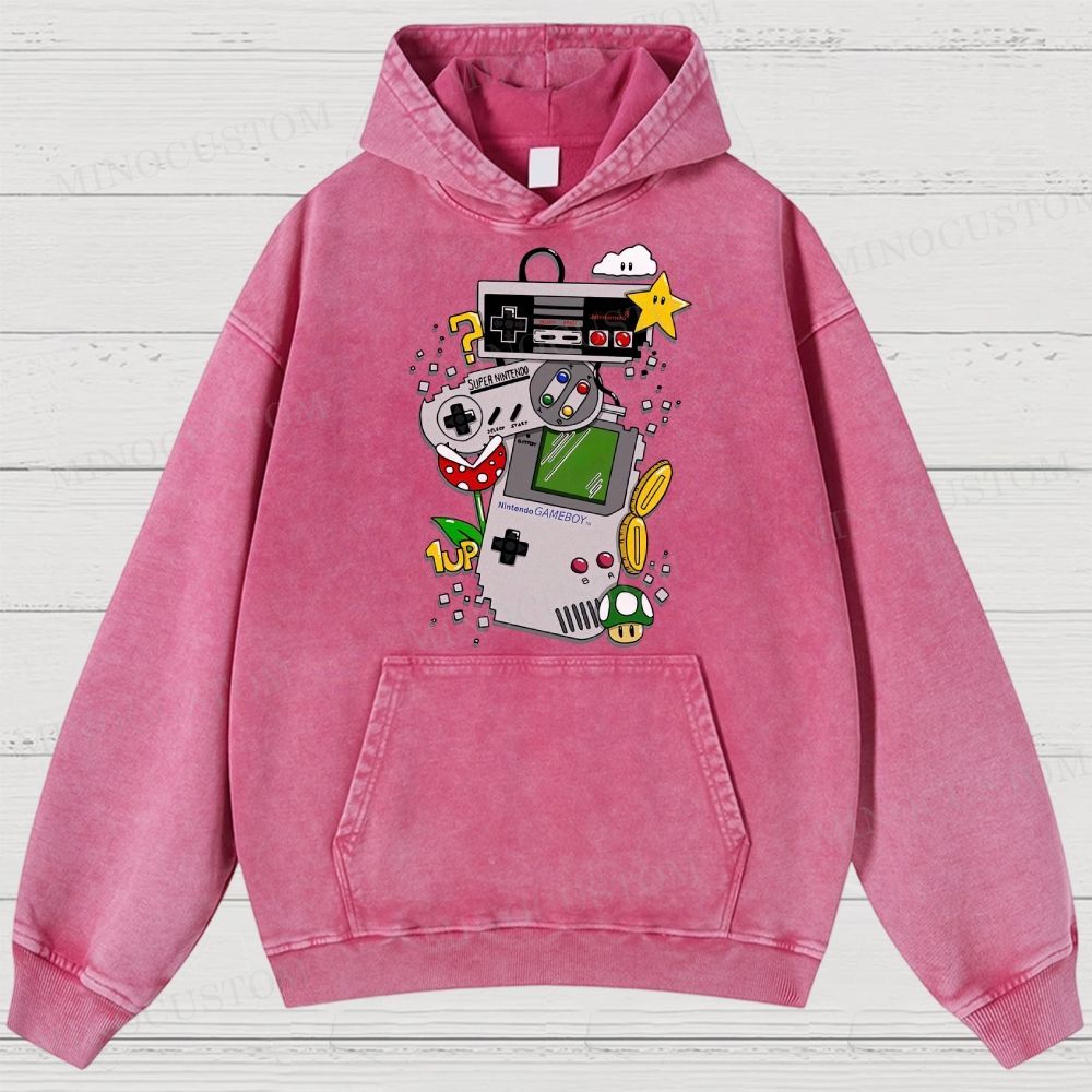 Nintendo Retro Gaming Consoles Gaming Graphic Washed Hoodies