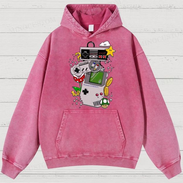 Nintendo Retro Gaming Consoles Gaming Graphic Washed Hoodies