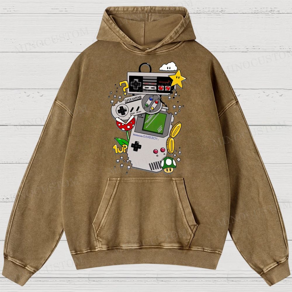 Nintendo Retro Gaming Consoles Gaming Graphic Washed Hoodies