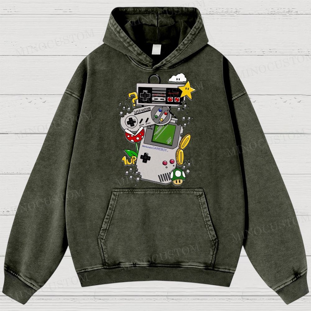 Nintendo Retro Gaming Consoles Gaming Graphic Washed Hoodies
