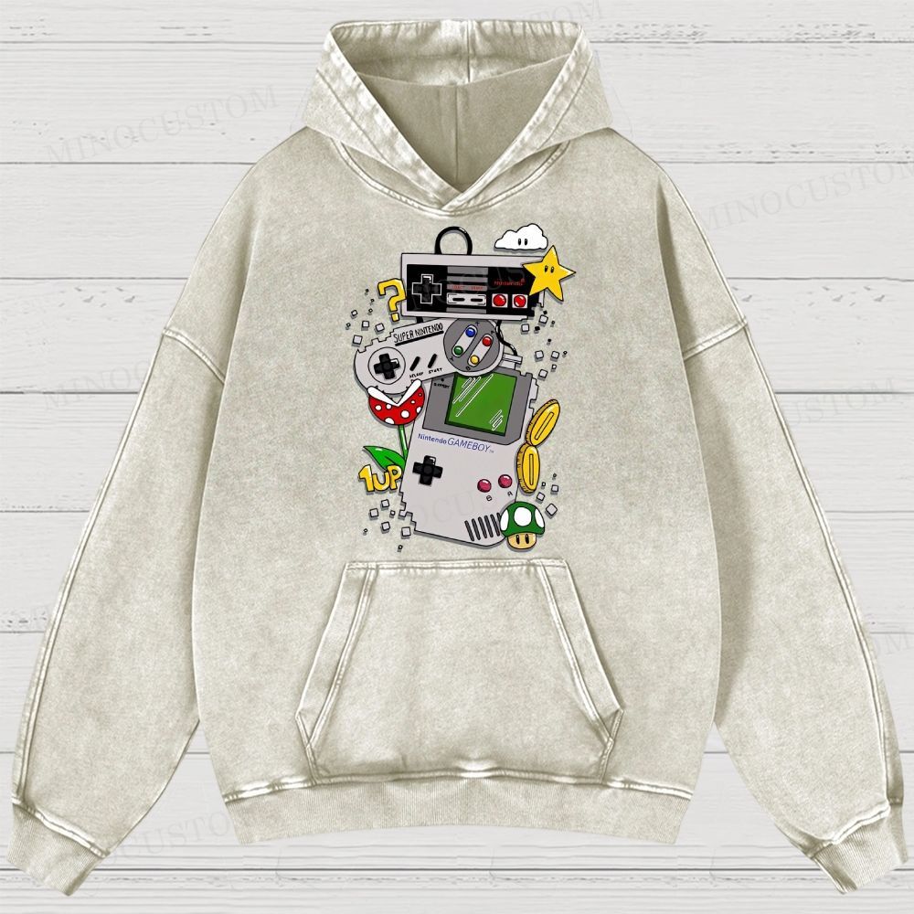 Nintendo Retro Gaming Consoles Gaming Graphic Washed Hoodies