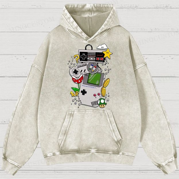 Nintendo Retro Gaming Consoles Gaming Graphic Washed Hoodies