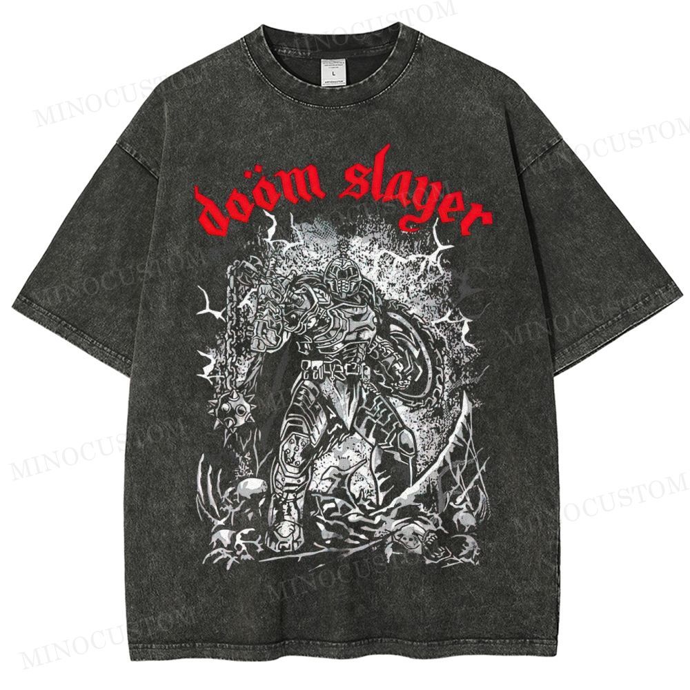 Doom Slayer Gaming Action Graphic Washed T-Shirt