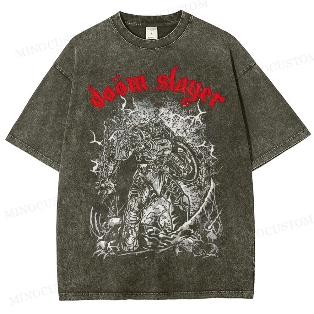Doom Slayer Gaming Action Graphic Washed T-Shirt