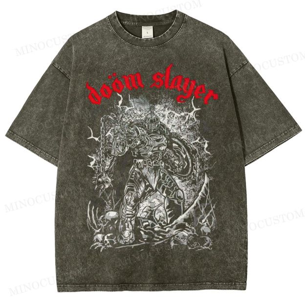 Doom Slayer Gaming Action Graphic Washed T-Shirt