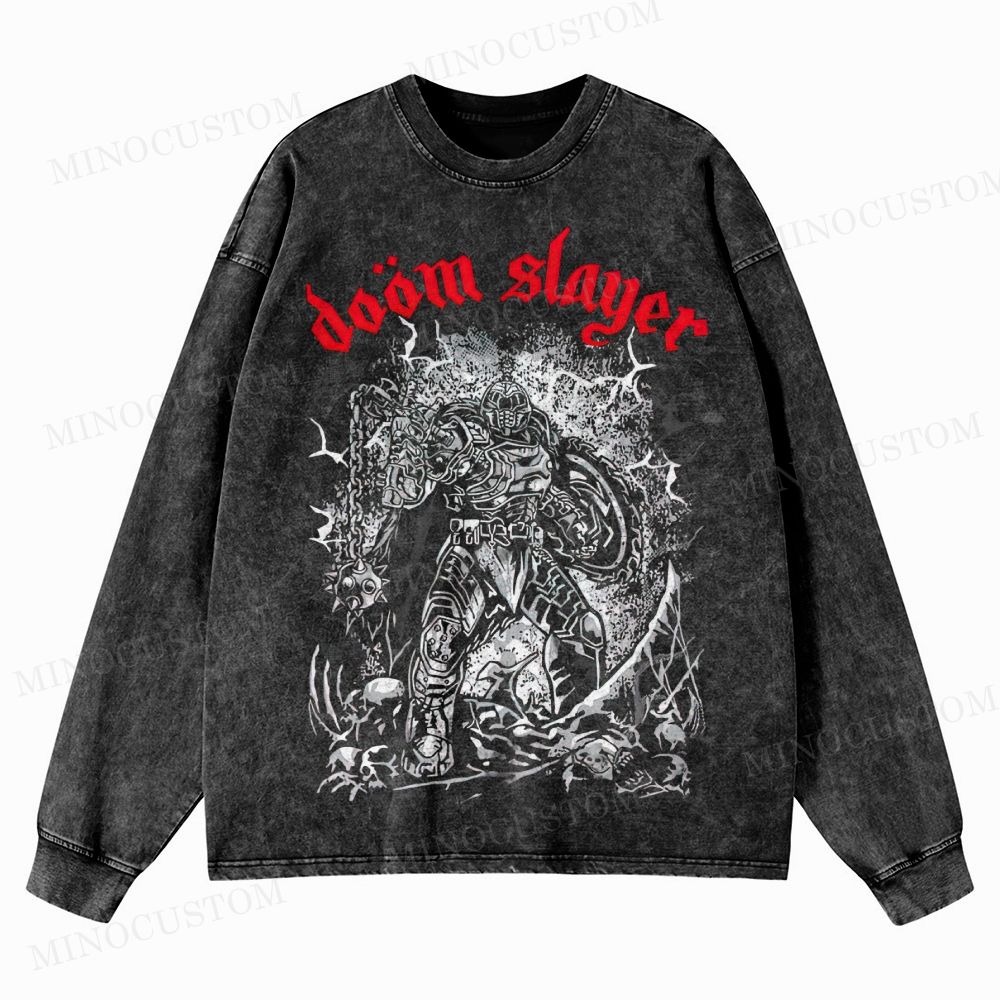 Doom Slayer Gaming Action Graphic Washed Long-Sleeved T-Shirt