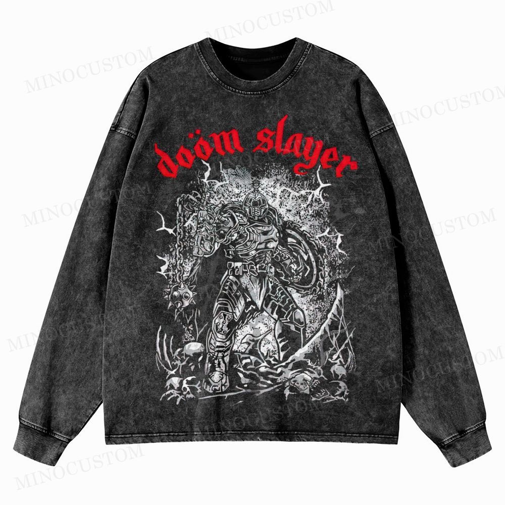 Doom Slayer Gaming Action Graphic Washed Long-Sleeved T-Shirt