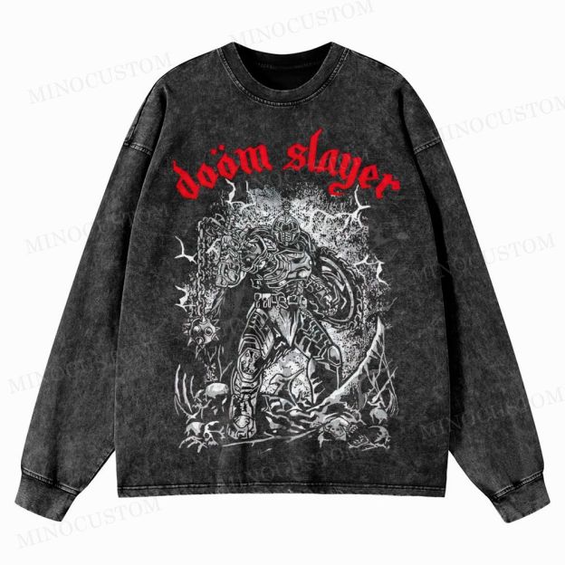Doom Slayer Gaming Action Graphic Washed Long-Sleeved T-Shirt