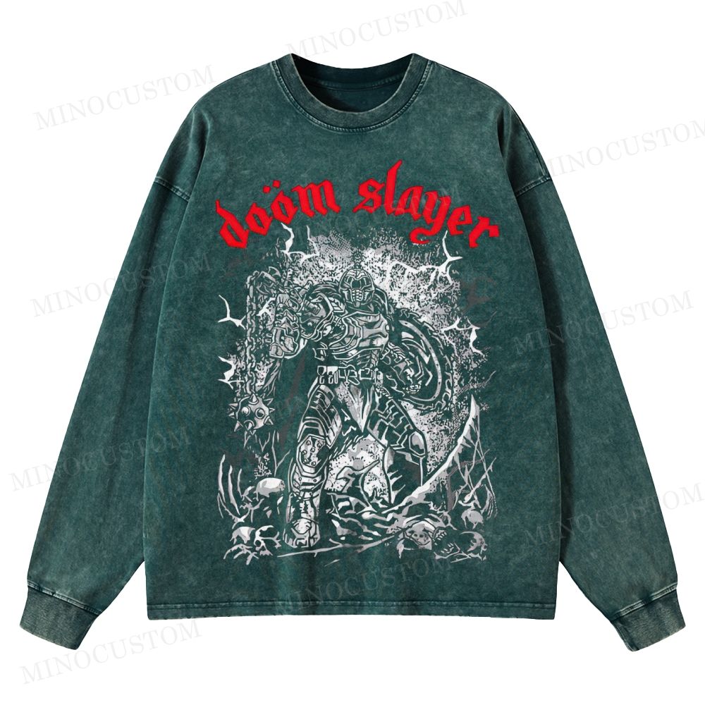 Doom Slayer Gaming Action Graphic Washed Long-Sleeved T-Shirt