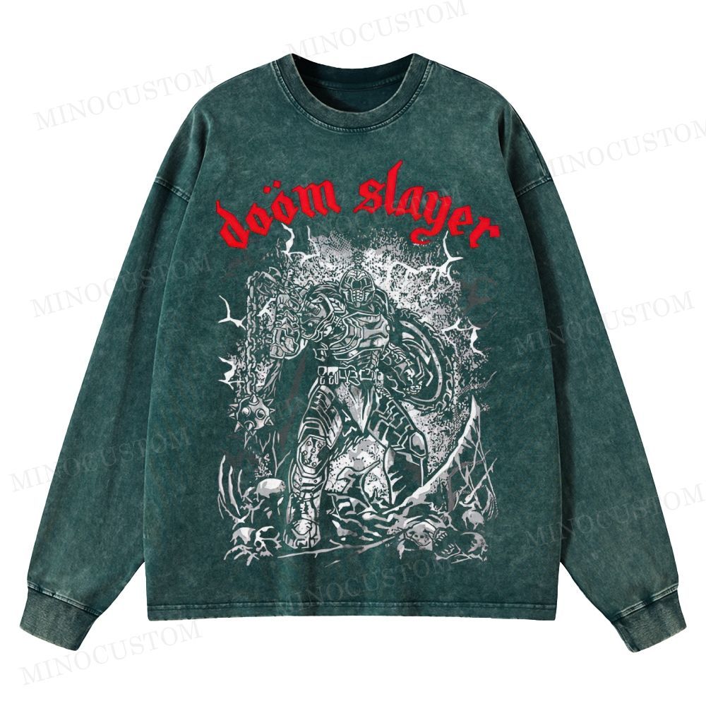 Doom Slayer Gaming Action Graphic Washed Long-Sleeved T-Shirt