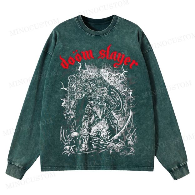 Doom Slayer Gaming Action Graphic Washed Long-Sleeved T-Shirt