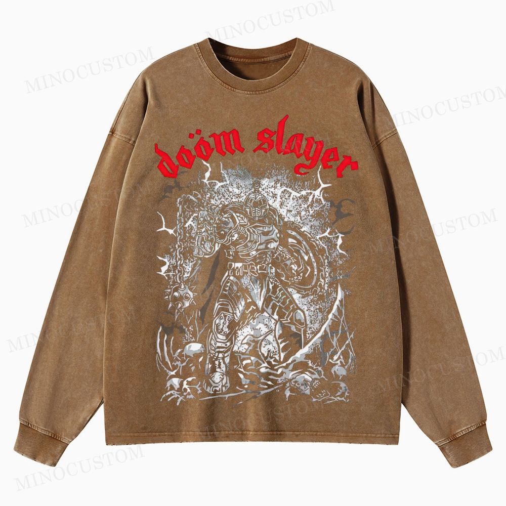 Doom Slayer Gaming Action Graphic Washed Long-Sleeved T-Shirt