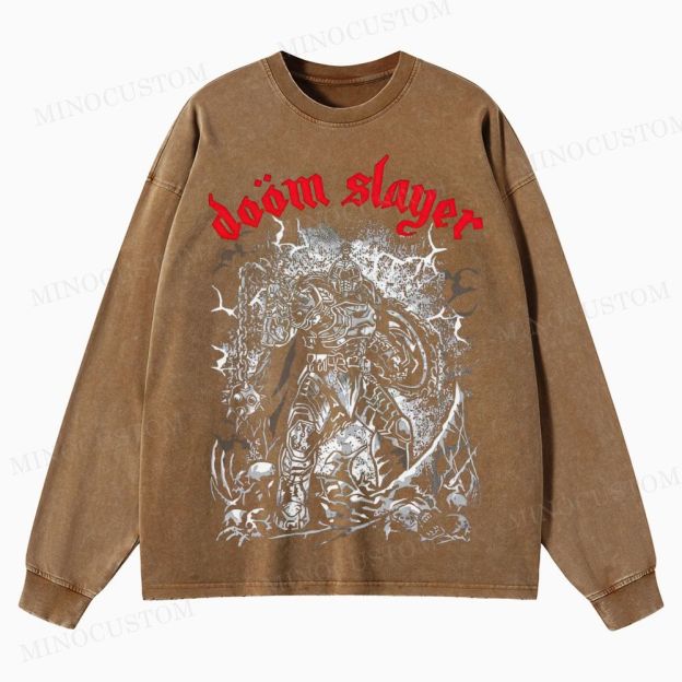Doom Slayer Gaming Action Graphic Washed Long-Sleeved T-Shirt