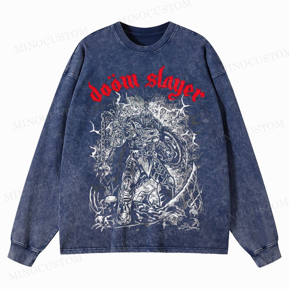 Doom Slayer Gaming Action Graphic Washed Long-Sleeved T-Shirt