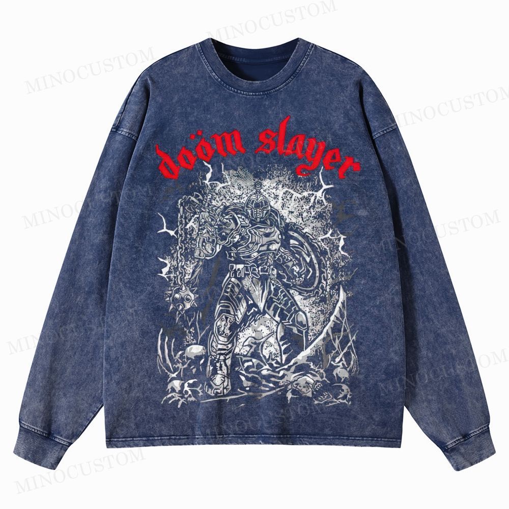 Doom Slayer Gaming Action Graphic Washed Long-Sleeved T-Shirt