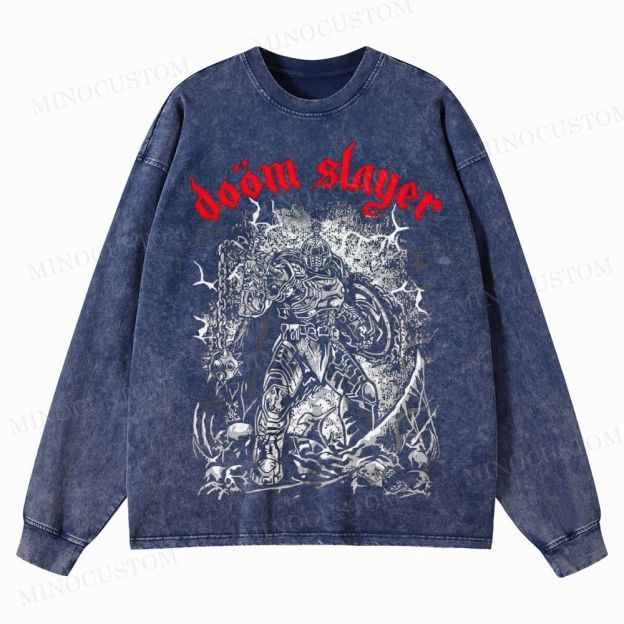 Doom Slayer Gaming Action Graphic Washed Long-Sleeved T-Shirt