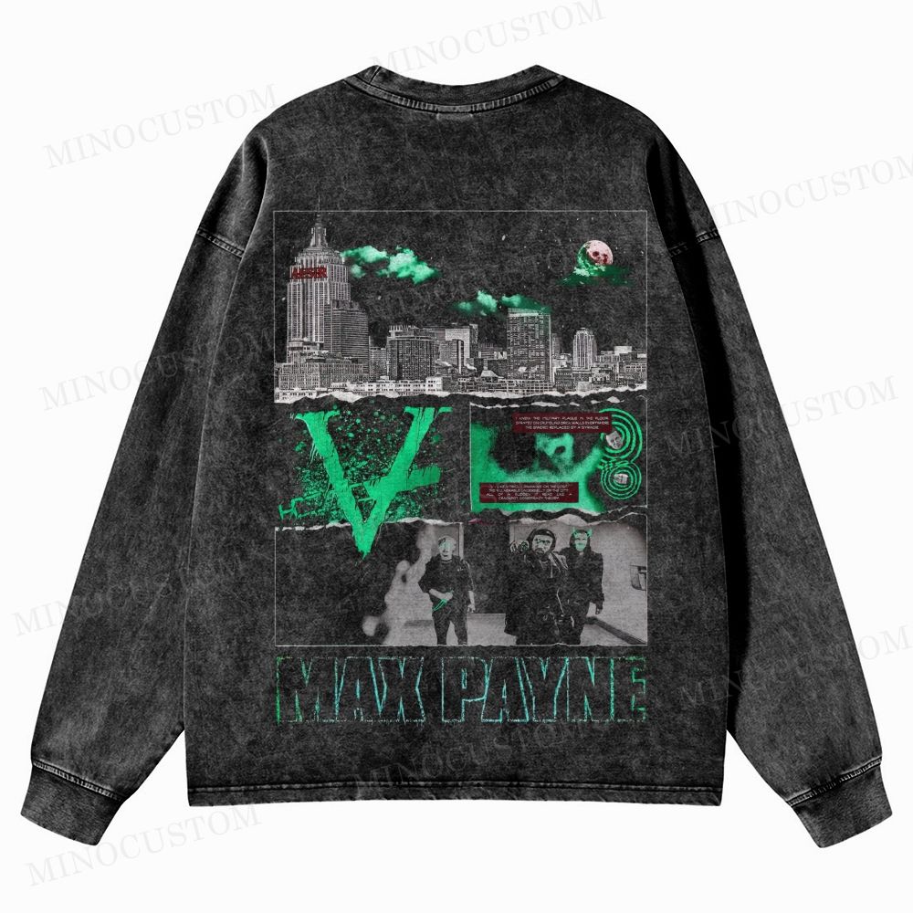 Max Payne Action Shooter Graphic  Washed Long-Sleeved T-Shirt