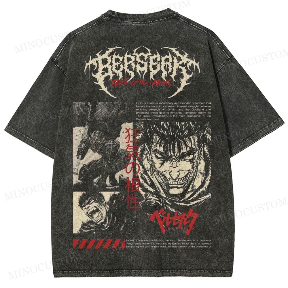 Berserk Dark Fantasy Action Graphic Washed T-Shirt
