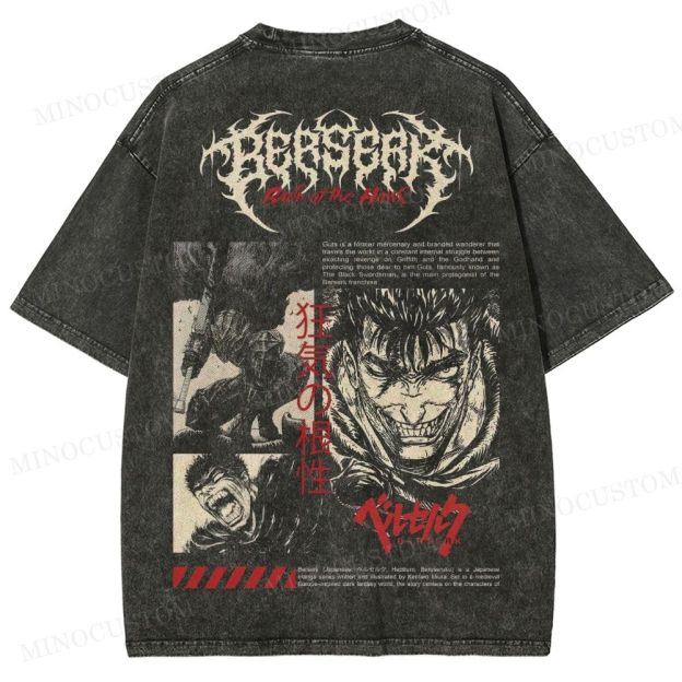 Berserk Dark Fantasy Action Graphic Washed T-Shirt