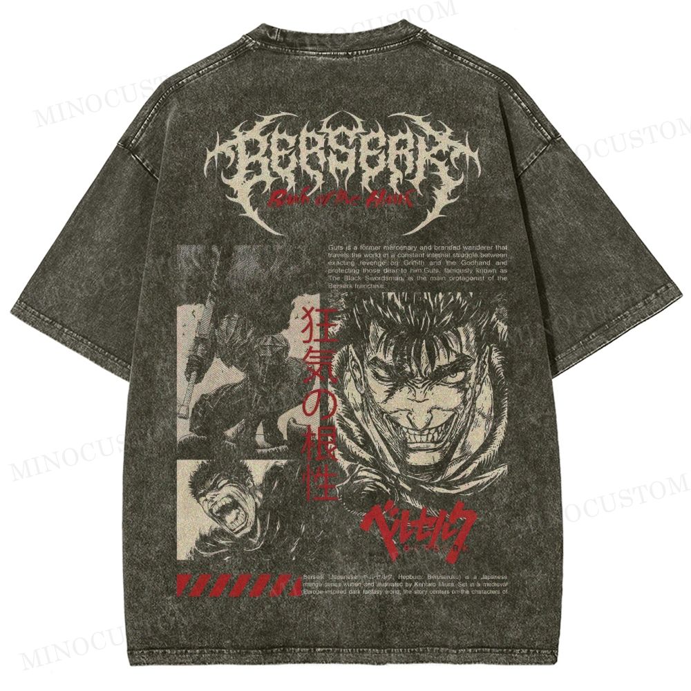 Berserk Dark Fantasy Action Graphic Washed T-Shirt