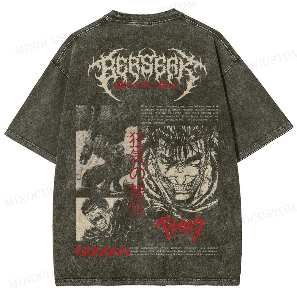 Berserk Dark Fantasy Action Graphic Washed T-Shirt