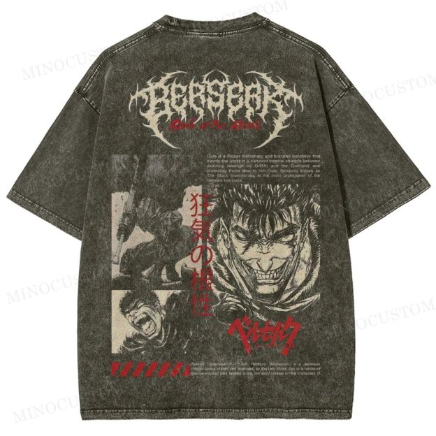 Berserk Dark Fantasy Action Graphic Washed T-Shirt